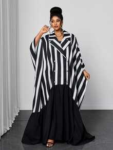 Maweii Plus Size Casual Loose Striped Patchwork Versatile Women's Dress Fall - Black and White - View 5