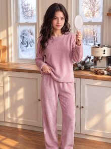 SHEIN Tween Girl 秋季/冬季 珊瑚絨毛套頭上衣與長褲 2 件套居家服套裝，粉紅色，女童服飾套裝 - 藕粉色 - 查看 8