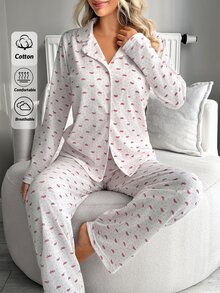 SHEIN Classic Button Front Bow Printed Pajama Set – Soft Long Sleeve Top & Comfy Straight Leg Pants - Pink - View 7