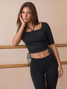 Eassivo Women's Pilates Top, Slimming, High-End Minimalist Square Neck Square Neck With Built-In Padding, Yoga Fitness Top - Black - View 4