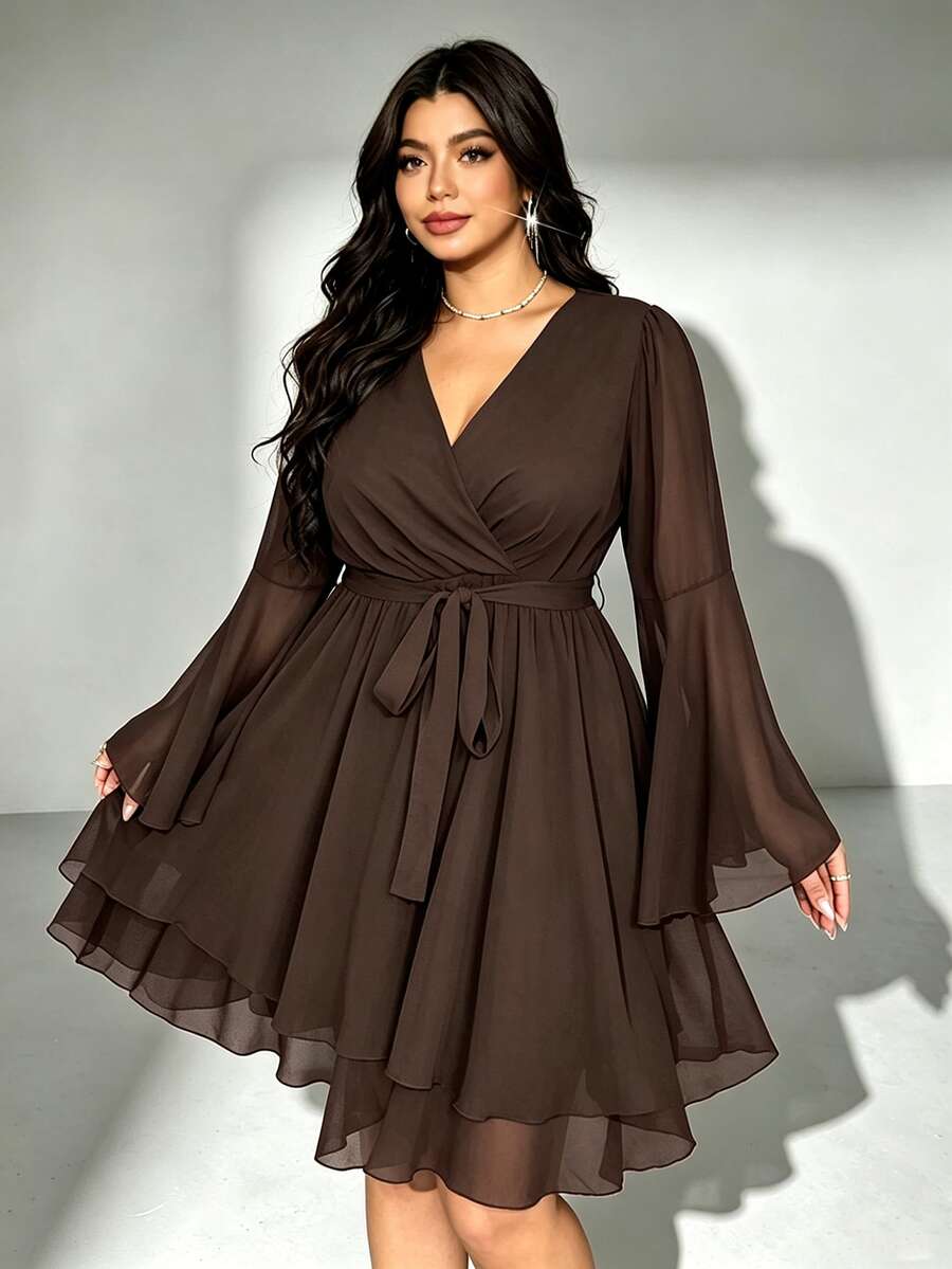 Viva Relle Gaun Pendek A-Line Elegan dan Lembut Berkerah V dari Chiffon Warna Merah Anggur Ukuran Plus, Cocok untuk Semua Musim, Elegan untuk Beraktivitas di Luar Rumah dan Kencan - Coffee Brown - View 1