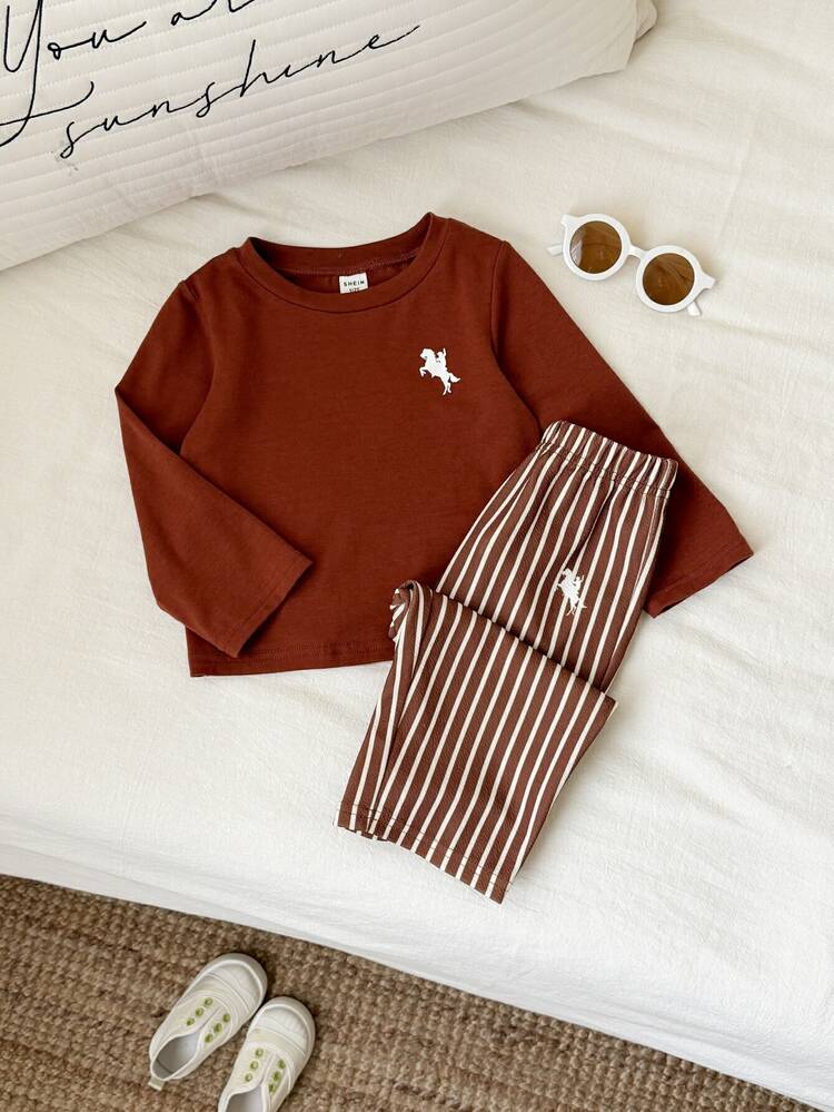 Setelan Bayi Unisex Laki-laki/Perempuan, Balita 2 Potong Musim Gugur/Musim Dingin Kasual Lucu Lengan Panjang Cokelat, Celana Panjang Bergaris, Pakaian Musim Dingin Bayi, Natal - Coklat - View 5