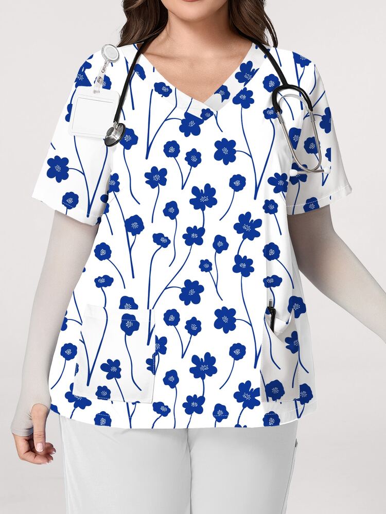 PopScrub Jaket Seragam Medis Motif Bunga Sederhana Berwarna Biru Muda dengan Dasar Putih Gading, Jaket Seragam Medis Wanita Model Musim Gugur/Panas, Kerah V, Lengan Pendek, Desain Dua Saku, Belahan Samping, Atasan Seragam Medis yang Lucu, Atasan Seragam Medis - MultiWarna - View 4