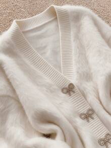 Grovea Plus Size Bow Decor Fluffy V-Neck Long Sleeve Knit Cardigan, Soft Fuzzy Sweater Jacket For Autumn/Winter - White - View 4