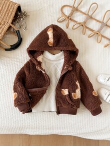 SHEIN LMoss Kids 女嬰休閒純色可愛愛心圖案毛茸茸連帽冬季外套 - 棕色 - 查看 8