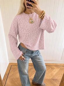 SHEIN EZwear 海外長袖淺粉色豹紋印花T恤，秋季上衣，適合日常通勤、聚會、秋冬/夏季、聖誕節、新年、感恩節、派對、婚禮、海灘、畢業典禮、優雅、外出、約會、通勤、情人節、優雅、度假、Y2K、畢業典禮等場合 - 彩色 - 查看 5