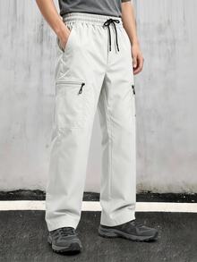 Men's Drawstring Waist Casual Cargo Sports Long Pants - Grey - View 3