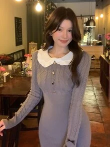 DAZY Women's Solid Color Long Sleeve Autumn/Winter Sweater Dress - Grey - View 5