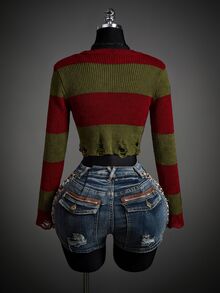 SHEIN ICON Fall Women's Autumn Halloween Red And Black Goth Devil Girl Fashion Colorblock Striped Distressed Sweater - Multicolor - View 3