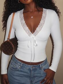 SHEIN SXY White High Elasticity Knit Lace Patchwork V-Neck Bow Decor Long Sleeve T-Shirt Fall - White - View 1