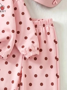 SHEIN 女童甜美粉色圓點半拉鍊運動衫與寬腿褲套裝，櫻桃厚抓絨內裡秋冬長袖上衣套裝 - 粉色 - 查看 8