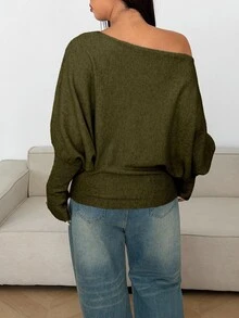 Sunnyshic Plus Size Sexy Off-Shoulder Solid Color Knit Sweater Fall - Green - View 2