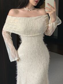 Feyla New French Design Lace Patchwork Square Neck 2-In-1 Effect Bodycon Mermaid Tail Elegant Evening Dress - Apricot - View 2
