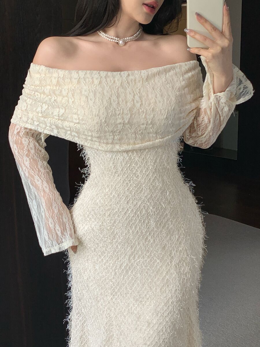 Feyla New French Design Lace Patchwork Square Neck 2-In-1 Effect Bodycon Mermaid Tail Elegant Evening Dress - Apricot - View 1