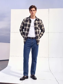 Colvenic 男士格紋休閒百搭日常穿著長袖襯衫 - 黑色 - 查看 2