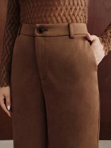 Anewsta American Retro High Waist Faux Suede Straight Leg Wide Leg Pants, Soft Velvet Drape Versatile Casual Long Pants For Autumn/Winter - Mocha Brown - View 5