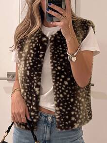 SHEIN EZwear Women's Brown Animal Print Faux Fur Vest - Coffee Brown - View 4