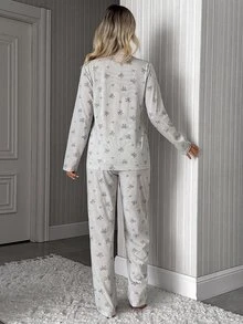 SHEIN Classic Button Front Bow Printed Pajama Set – Soft Long Sleeve Top & Comfy Straight Leg Pants - Grey - View 2