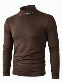 Manfinity Homme 男士高領長袖字母印花極簡風T恤，休閒日常穿著，適合外出，送給丈夫，秋季穿搭 - 棕色 - 查看 1