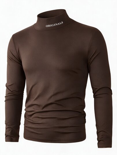 Manfinity Homme Men Turtleneck Long Sleeve Letter Print Minimalist T-Shirt, Casual Everyday Wear, For Going Out, For Husband, For Fall