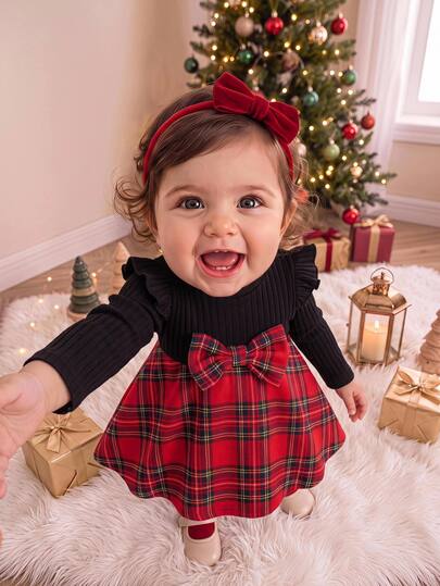 SHEIN Baby Girl Round Neck Long Sleeve Patchwork Plaid Hem Bow Decor Cute Dress