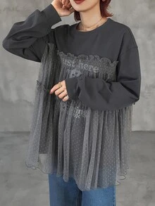 FRIFUL 女款字母貓咪印花圓領長袖拼接波點白色網紗荷葉邊休閒T恤，日常夏季穿搭 - 灰色 - 查看 1