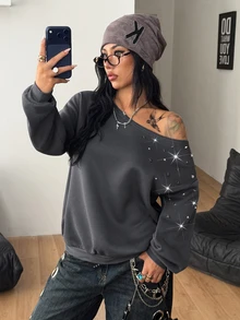 Coolane 女款秋冬電音節穿搭街頭風 性感 Y2K 時尚 復古龐克哥德風 奢華保暖 閃亮鉚釘灰色露肩衛衣 - 灰色 - 查看 1