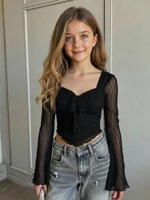 Firerie Kids Firerie Kids 少女法式優雅長袖紋理素色T恤 春季 - 黑色 - 查看 1