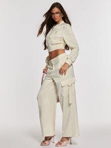 Opulessa Fall/Winter Women's Solid Color Long Sleeve Zipper Front Cropped Baseball Jacket And Cargo Wide Leg Pants Casual 2 Pieces Set - Apricot - View 3