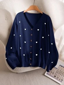 CosyJoli 女款大尺碼心形刺繡基礎開襟衫 秋冬款 - 藍白色 - 查看 7