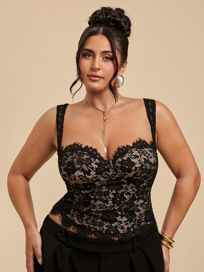 SHEIN BAE CURVE Plus Size Women Sexy Lace Tank Top For Date & Vacation