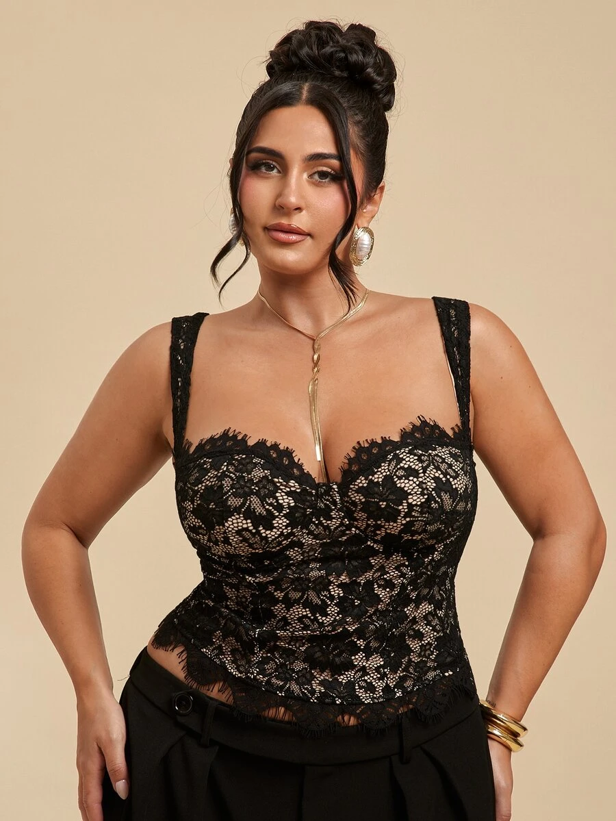 SHEIN BAE CURVE Plus Size Women Sexy Lace Tank Top For Date & Vacation - Black - View 1