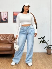 Solflare White Plus Size Women's Cropped Fitted Long Sleeve T-Shirt, Autumn/Winter - White - View 5