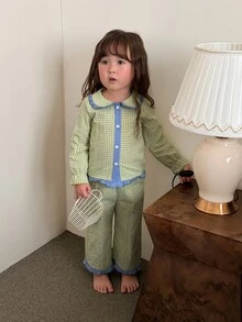 DAZY Infant/Toddler (Girl) Plaid Korean Style Long Sleeve Comfortable 2 Pieces Loungewear Set - Green - View 5