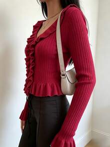 INAWLY Romantic Versatile Date Holiday Travel INS Style Knit Cardigan With Ruffle Pleated Hem - Burgundy - View 6