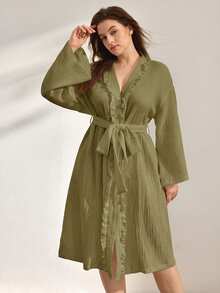 Ocili Leisure Pure Cotton Double Layer Crepe Fabric Minimalist Comfortable Frill Trim Long Robe Women's Loungewear Plus Size - Dark Green - View 5