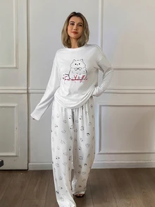 DAZY Cute Black And White Loose Long Sleeve T-Shirt Straight Leg Long Pajama Pants 2pcs Set Women's Sleepwear Sleep Home Fall Casual - Grey - View 5