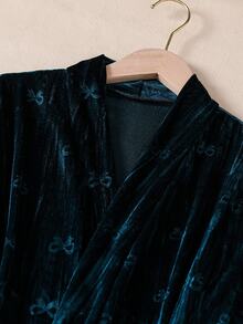 SHEIN Women's Dark Green Minimalist Fashion Solid Color Long Sleeve Velvet Elegant Comfortable Robe - Navy Blue - View 6