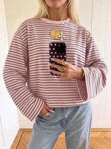 SHEIN EZwear 海外長袖粉色條紋襯衫，秋季上衣，適合日常通勤、派對、秋冬春夏、聖誕節、新年、感恩節、派對、婚禮、海灘、畢業典禮、優雅、外出、約會、通勤、情人節、優雅、度假、Y2K、畢業典禮及其他場合 - 彩色 - 查看 3