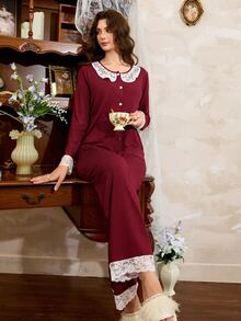 Côtesoire French Elegant Contrast Color Peter Pan Collar Ribbed Knit Long Sleeve Women's Pajama Set - Burgundy - View 6
