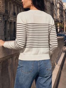Juhart 1pc Women's Plus Size Round Neck Color Block Striped Long Sleeve Minimalist Fashion Urban Casual Knit Cardigan, Suitable For Daily Commute, Spring And Autumn - Apricot - View 2