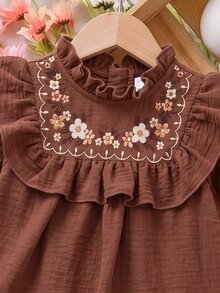 Baby Girl Floral Embroidered Pattern Pleated Casual Daily Summer Dress - Brown - View 3
