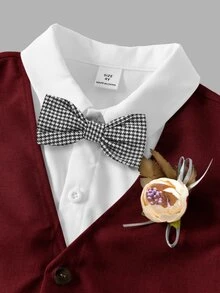 SHEIN 小男孩三件套西裝：卡其色背心、鬆緊腰長褲、領結與長袖襯衫，紳士風，適合春夏/秋冬 - 酒紅色 - 查看 4