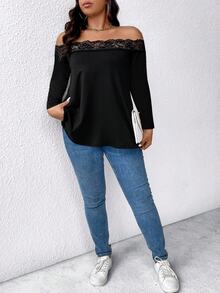 EMERY ROSE Plus Size Women's Elegant Sexy Casual Minimalist Commute Versatile Slimming Daily Lace Trim Patchwork Off-Shoulder Design Long Sleeve T-Shirt Fall - Black - View 5