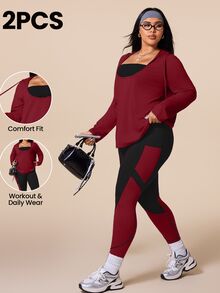 SHEIN Rhythm Era طقم رياضي شتوي مقاس كبير تي شيرت بغطاء رأس وسروال ضيق بألوان متباينة - متعدد الألوان - مشاهدة 1