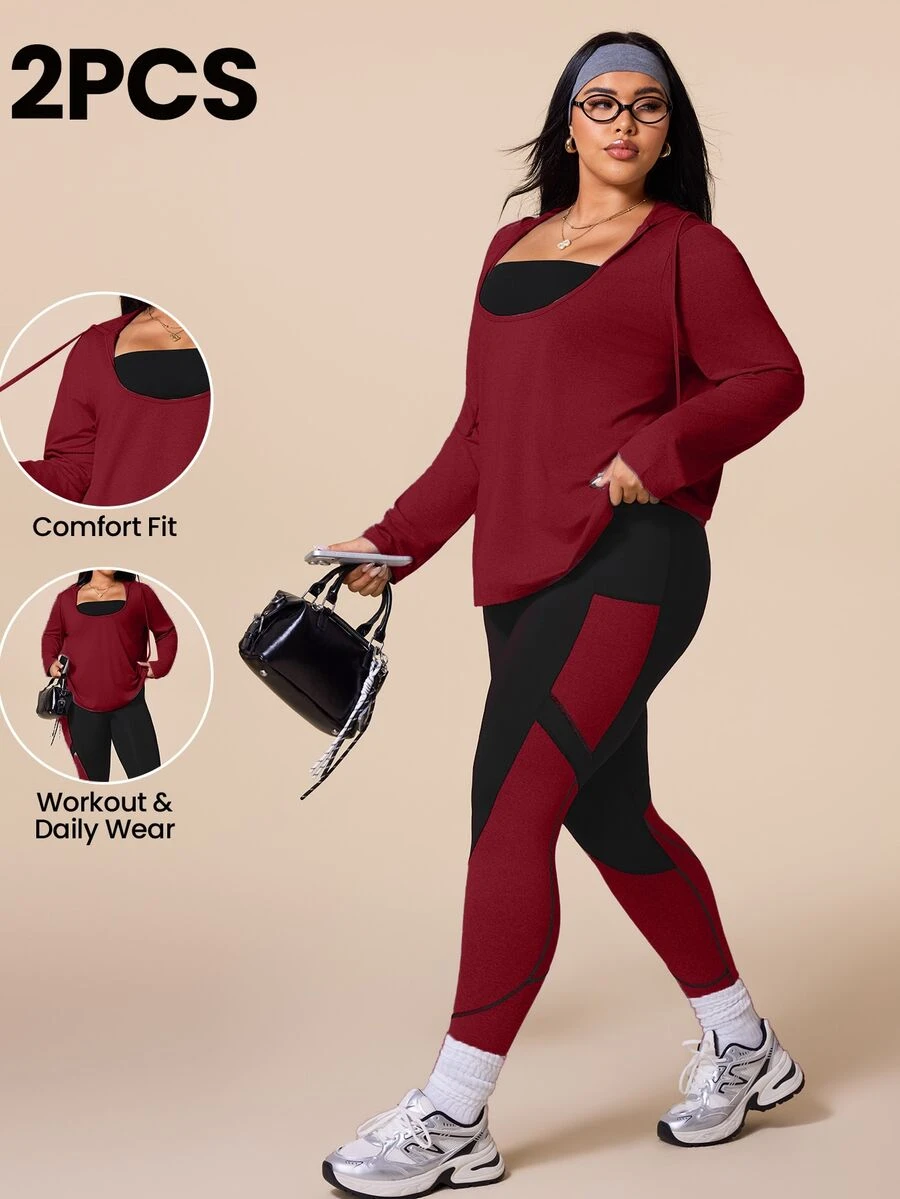 SHEIN Rhythm Era طقم رياضي شتوي مقاس كبير تي شيرت بغطاء رأس وسروال ضيق بألوان متباينة - متعدد الألوان - مشاهدة 1