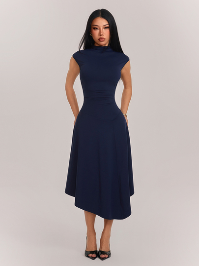 SHEIN PETITE Women's Elegant Navy Blue Summer Fitted Dress, Featuring Unique Asymmetric A-Line Midi Design, High-Stretch Knit Waist-Cinching Cut, Suitable For Business And Party Occasions