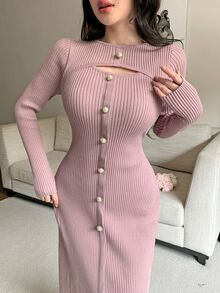 Feyla Women's Solid Color Button Design Cutout Long Sleeve Fitted Elegant Knit Dress - Dusty Pink - View 2