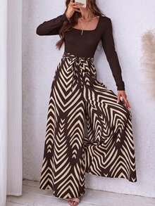 SHEIN LUNE 黑色女款純色羅紋拼接幾何印花波希米亞休閒長袖連身褲 - 棕色 - 查看 2