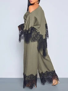 SOLERSUN Plus Size Women's Asymmetric Hem Contrast Lace Asymmetrical Shoulder Blouse And Wide Leg Pants Elegant 2 Pieces Set Fall Cocktail Brunch Olive Green - Army Green - View 4